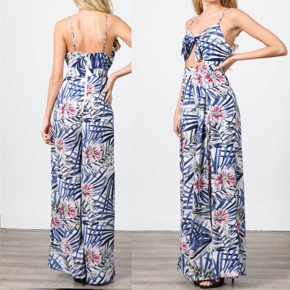 NEW! Tropical Floral Cutout Front Tie Jumpsuit - Picture 5 of 6